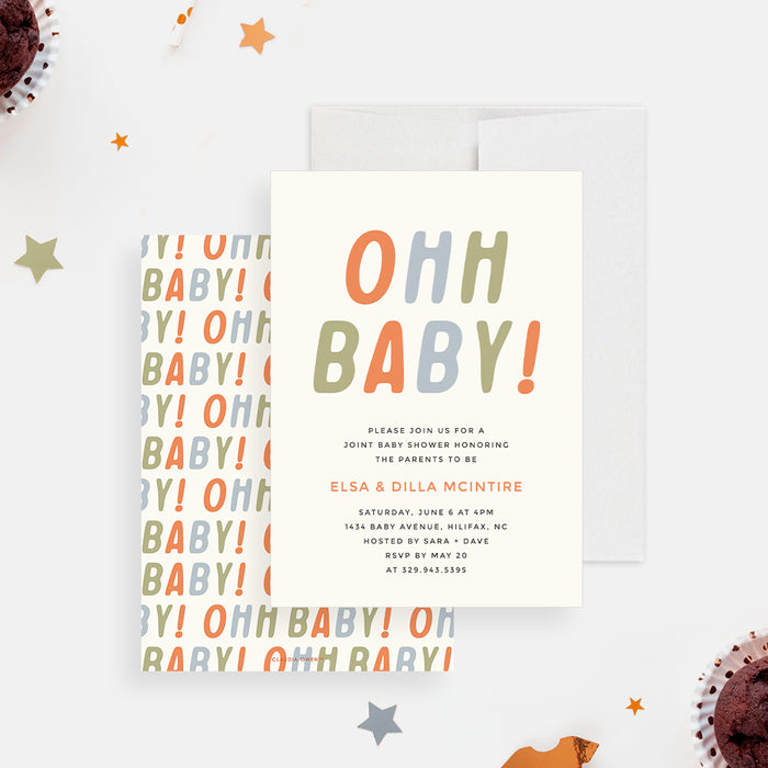 Baby shower invitation with “Ohh Baby!” in colorful typography, featuring a trendy design to celebrate both parents.-front-back