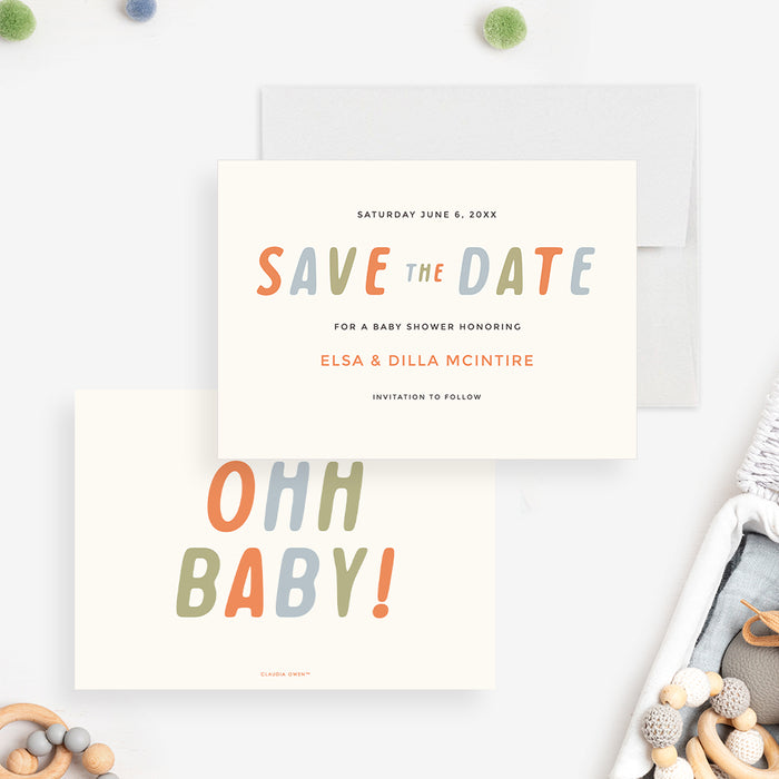 Modern baby shower save the date card with colorful typography, ideal for any baby celebration.-front-back