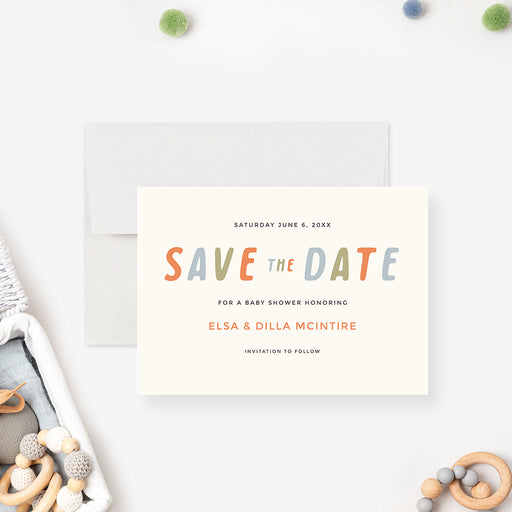 Modern baby shower save the date card with colorful typography, ideal for any baby celebration.-front