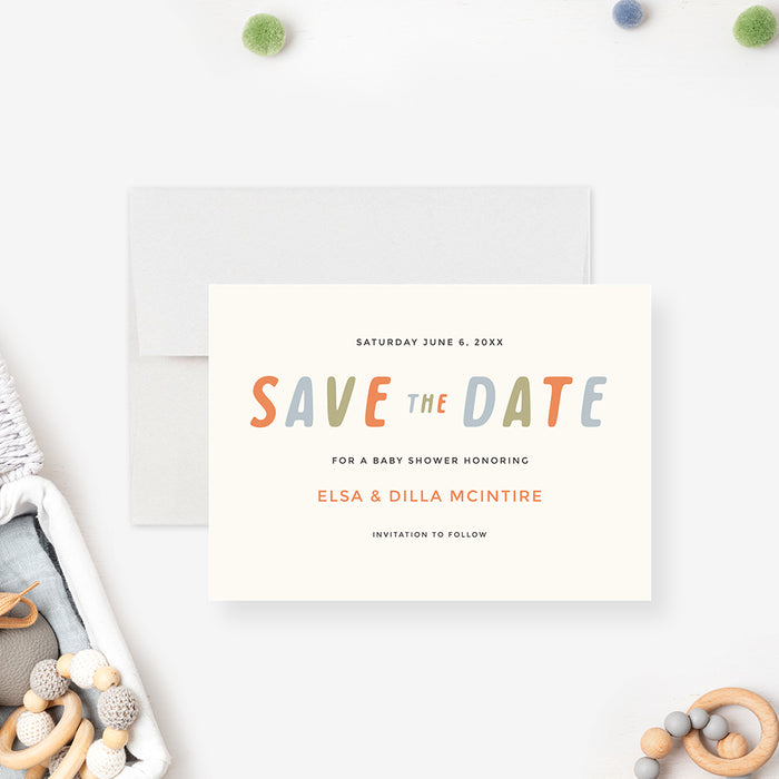 Modern baby shower save the date card with colorful typography, ideal for any baby celebration.-front
