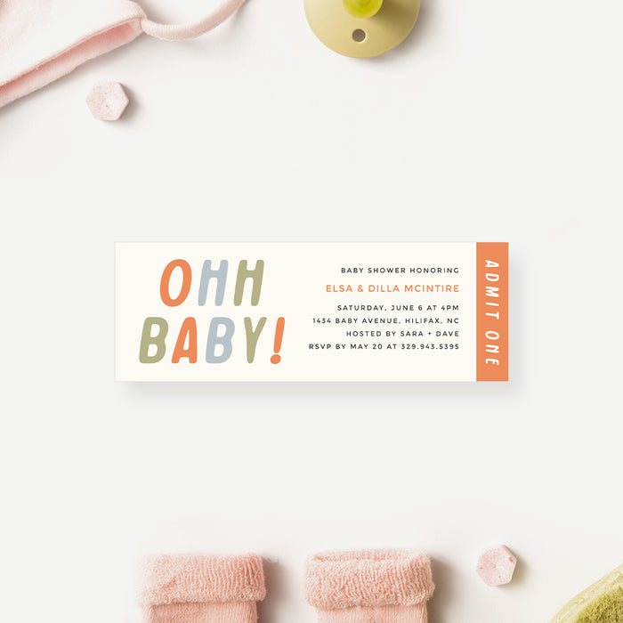 Baby shower ticket invitation with “Ohh Baby” in vibrant typography, customized for parent-to-be celebrations.