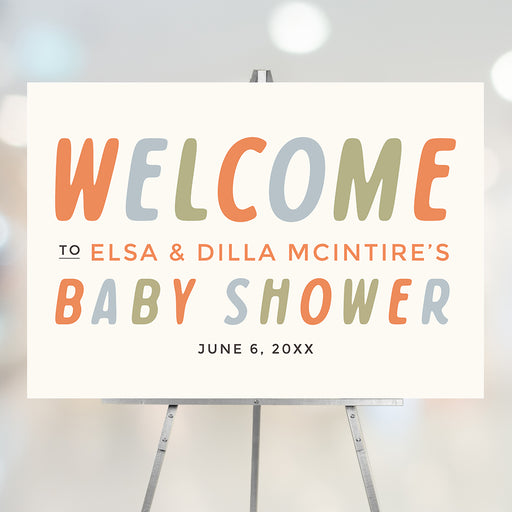 Modern baby shower welcome sign featuring vibrant typography, customizable with event details for parent-to-be celebrations.