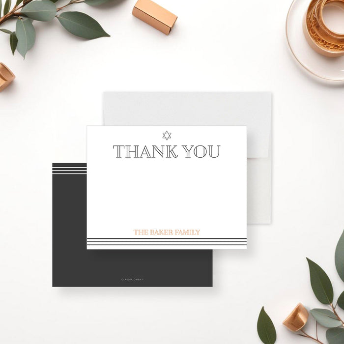 Bar and Bat Mitzvah thank you note cards with a white personalized front and gray Star of David reverse.