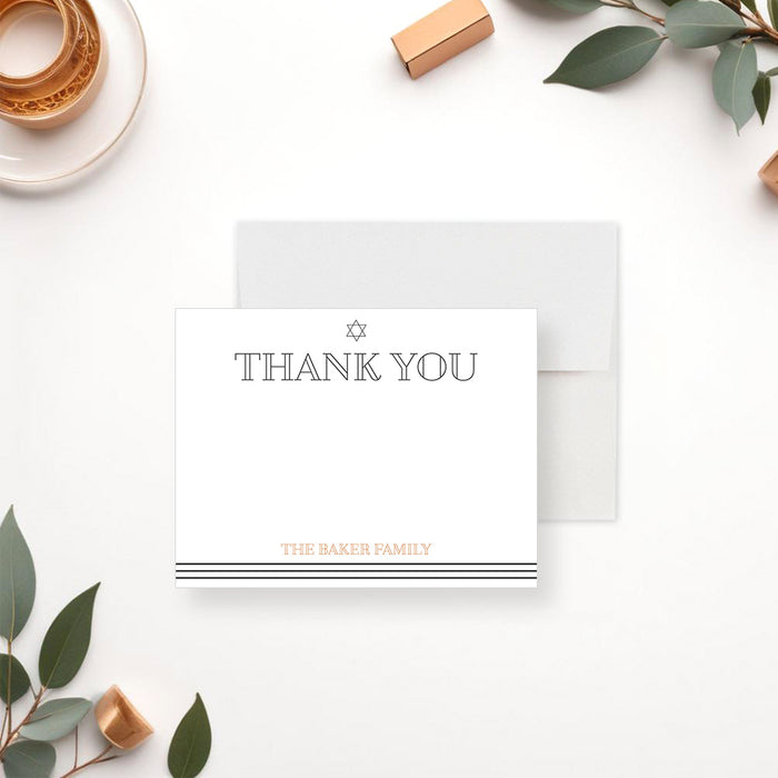 White Bar and Bat Mitzvah thank you note card with a small Star of David, personalized family name and gray lines below.
