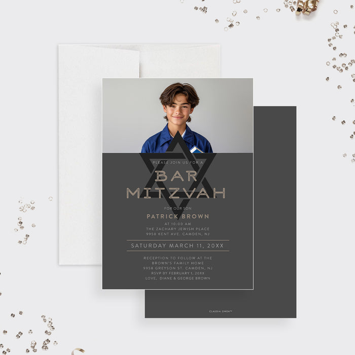 Bar mitzvah invitation with photo modern jewish invite star of david design personalized boy celebration card-front-back