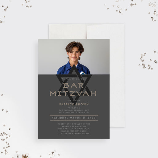 Bar mitzvah invitation with photo modern jewish invite star of david design personalized boy celebration card-front