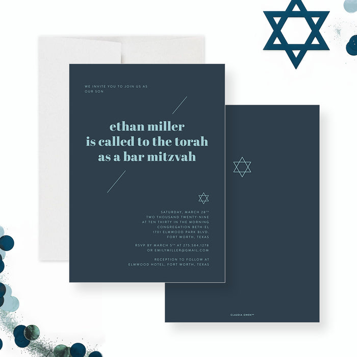 Modern navy Bar Mitzvah invitation card featuring a Star of David and personalized event details, ideal for Jewish celebrations.-front-back