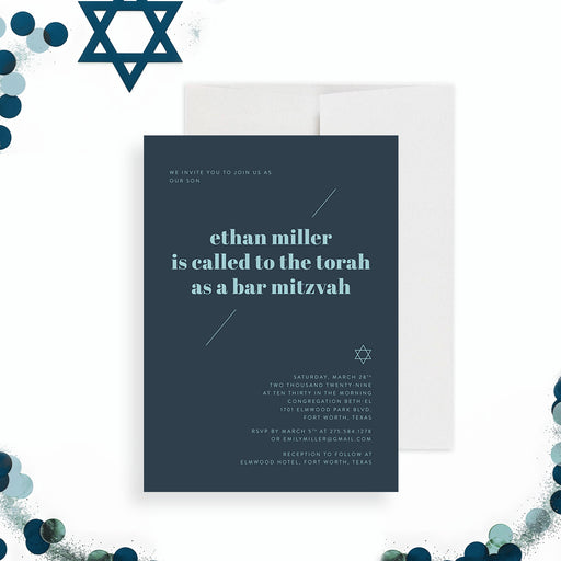 Modern navy Bar Mitzvah invitation card featuring a Star of David and personalized event details, ideal for Jewish celebrations.-front