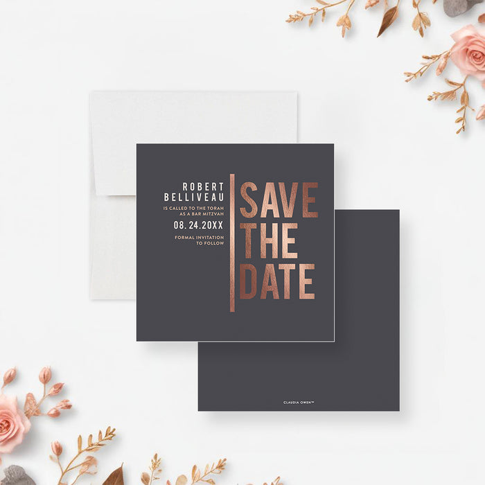 Elegant Save the Date Card for Bar Mitzvah Dark Grey with Copper Typography