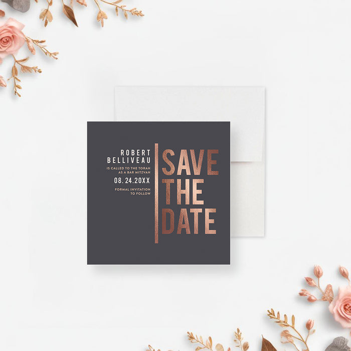 Elegant Save the Date Card for Bar Mitzvah Dark Grey with Copper Typography