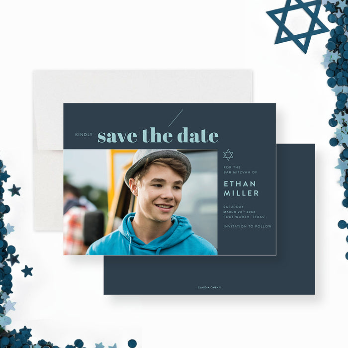 Personalized photo Bar Mitzvah save the date card with modern design-front-back