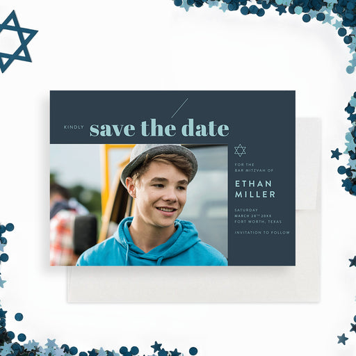 Personalized photo Bar Mitzvah save the date card with modern design-front