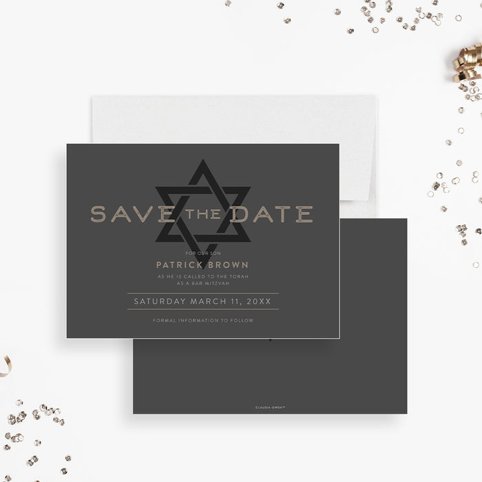 Bar mitzvah save the date card star of david modern jewish celebration announcement minimalist design-front-back