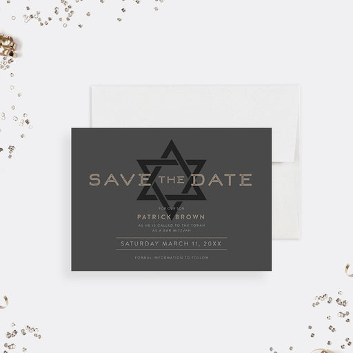 Bar mitzvah save the date card star of david modern jewish celebration announcement minimalist design-front