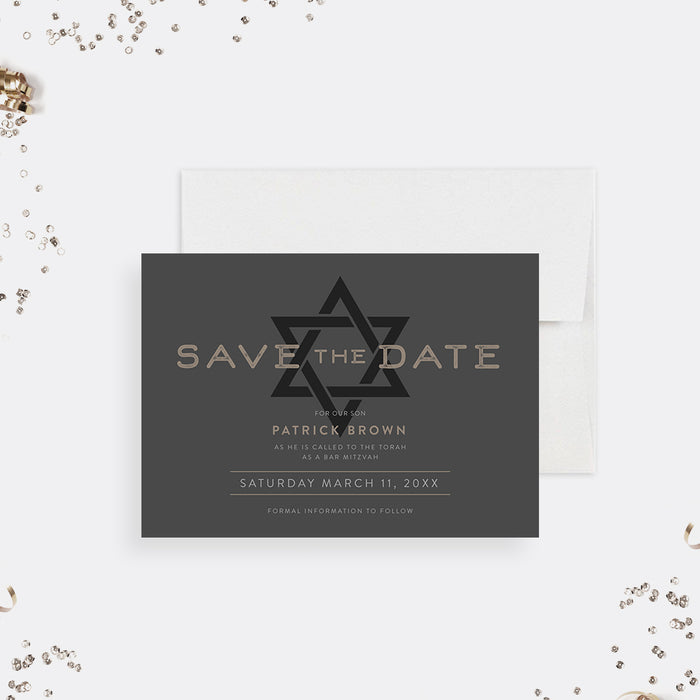 Bar mitzvah save the date card star of david modern jewish celebration announcement minimalist design-front