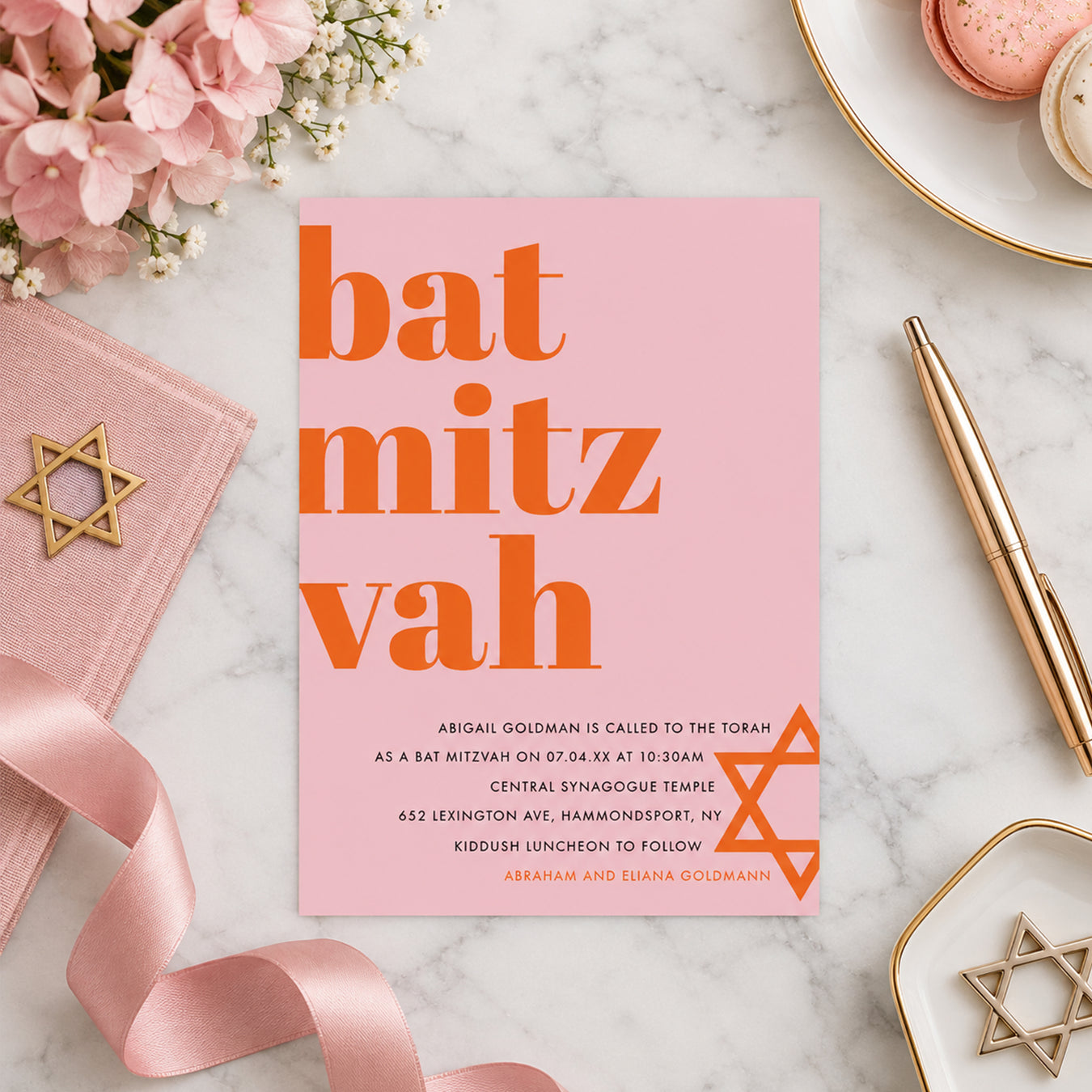 Bright pink and orange Bat Mitzvah invite featuring Star of David-front