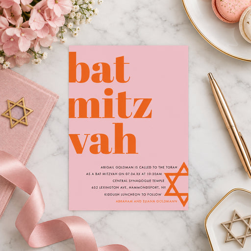 Bright pink and orange Bat Mitzvah invite featuring Star of David-front