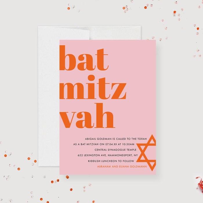 Modern Bat Mitzvah Invitation Card in Pink and Orange, B'nai Mitzvah Invitations, Bat Mitzvah with Star of David Invite for Girls, Jewish Invite Cards