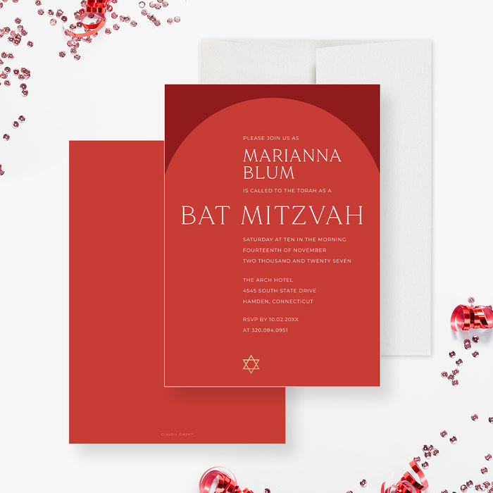 Modern red Bat Mitzvah invitation with a Star of David design, personalized for Jewish coming-of-age celebration.-front-back