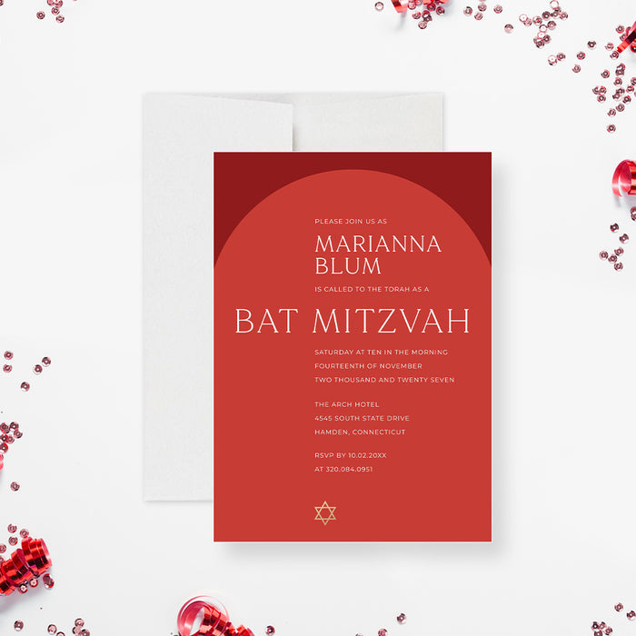Modern red Bat Mitzvah invitation with a Star of David design, personalized for Jewish coming-of-age celebration.-front