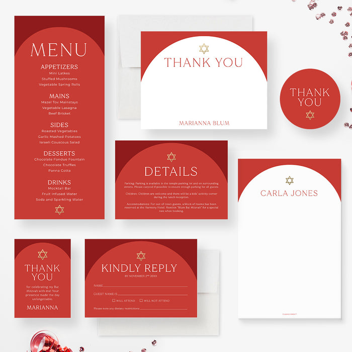 Elegant Red Bat Mitzvah Invitation Modern Jewish Party Card