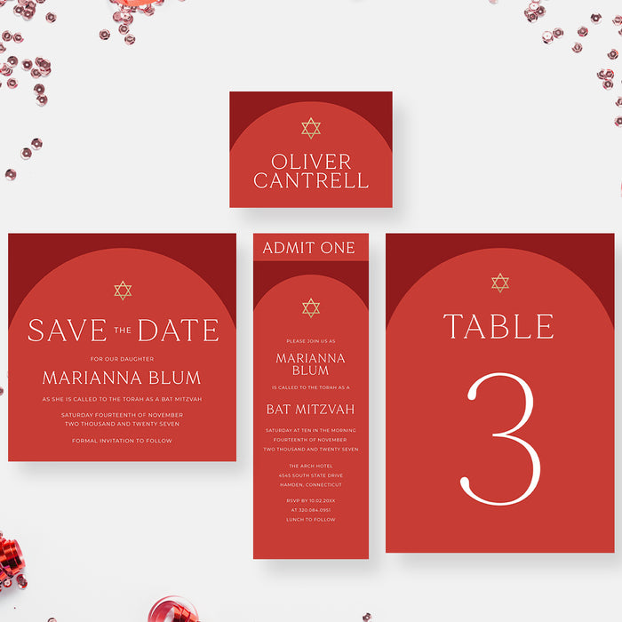 Elegant Red Bat Mitzvah Invitation Modern Jewish Party Card