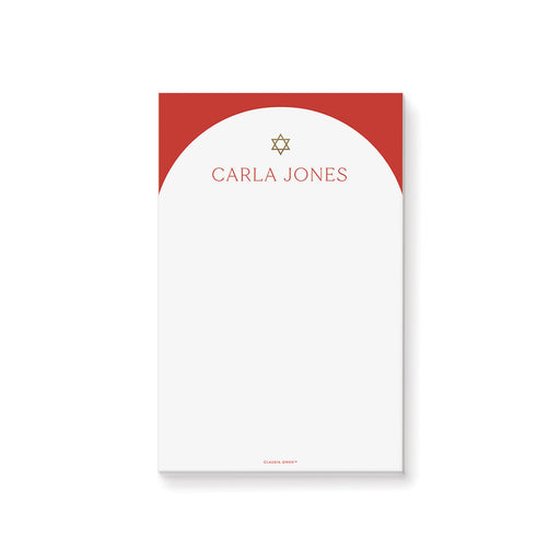 Personalized notepad with red header and gold Star of David, Jewish stationery gift for Bat Mitzvah.