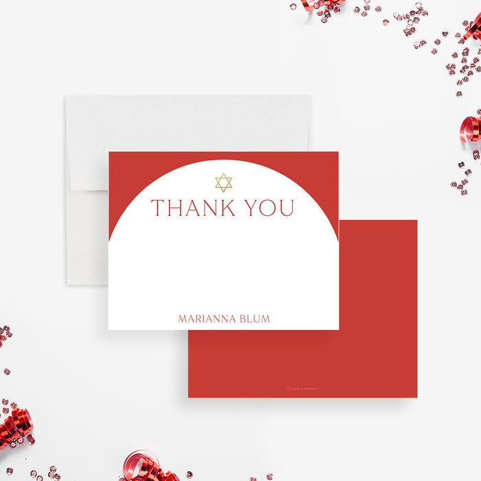 Bat Mitzvah thank you card featuring a red arch and gold Star of David, personalized Jewish stationery design.-front-back
