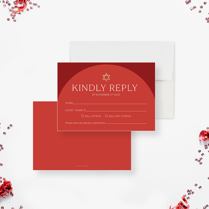 Elegant Red Bat Mitzvah Invitation Modern Jewish Party Card