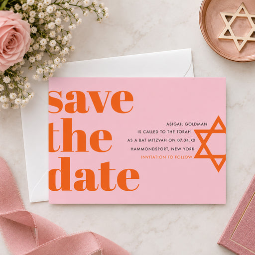 Pink and orange Bat Mitzvah save the date card featuring bold typography and Star of David design-front
