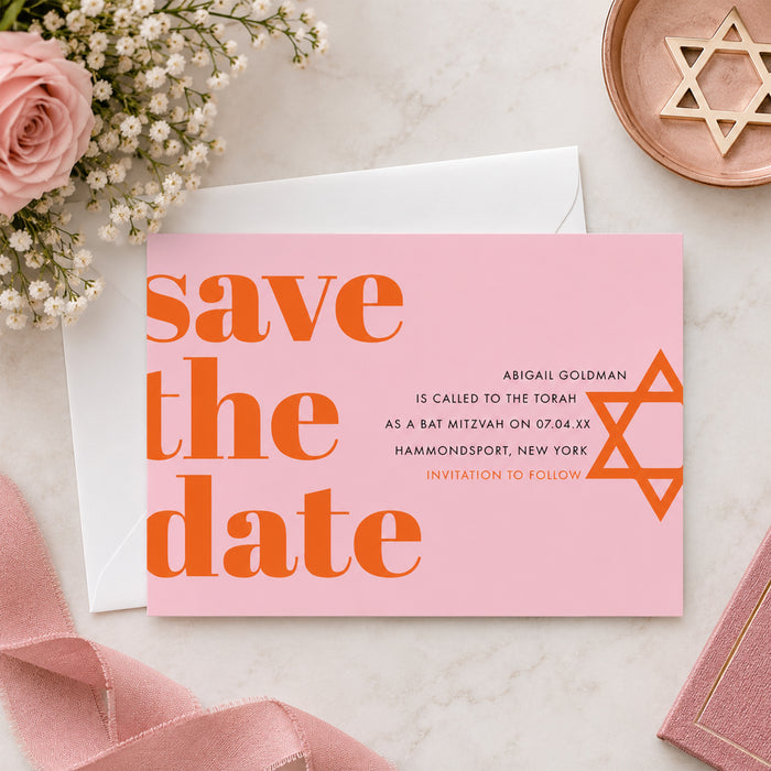 Pink and orange Bat Mitzvah save the date card featuring bold typography and Star of David design-front