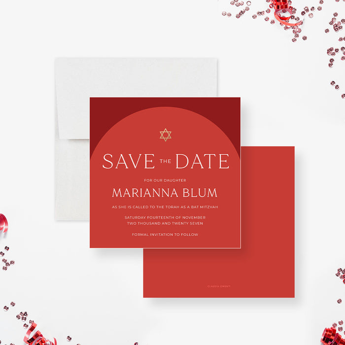 Bat Mitzvah save the date card featuring a Star of David design and elegant Jewish coming-of-age details.-front-back