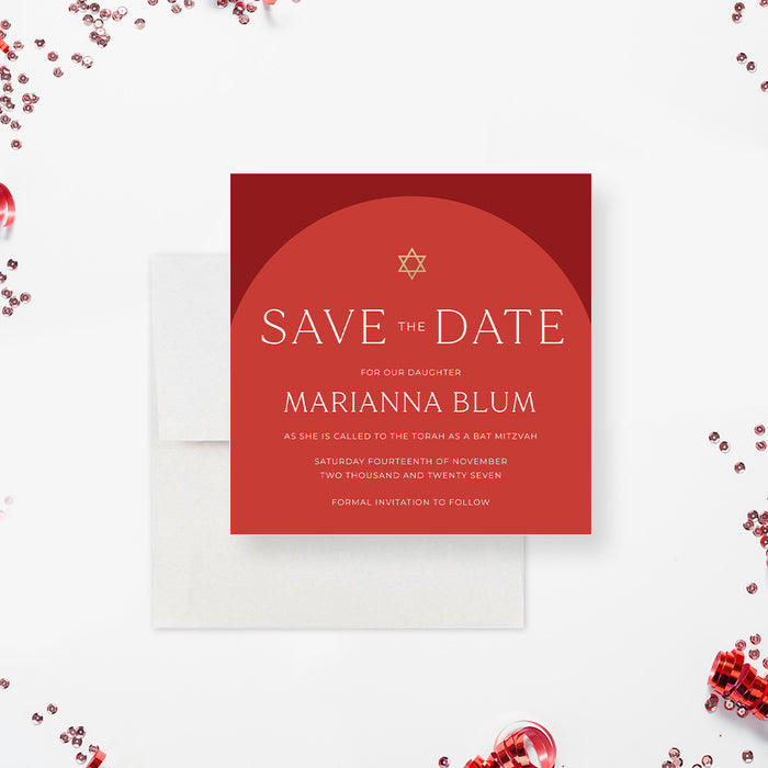 Elegant Red Bat Mitzvah Invitation Modern Jewish Party Card