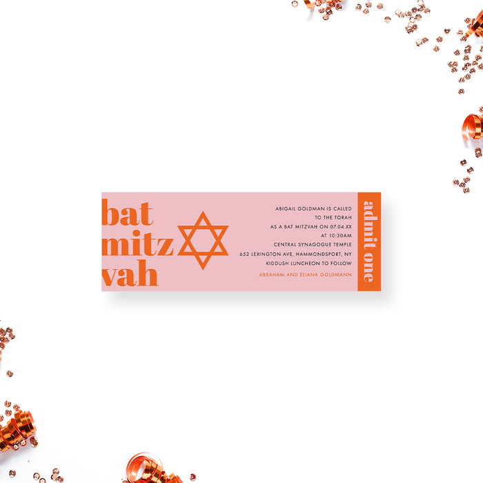 Modern Bat Mitzvah Ticket Invitation in Pink and Orange, Ticket Invite for B'nai Mitzvah with Star of David