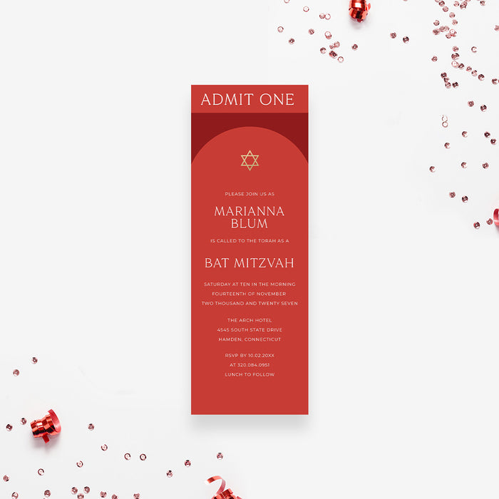 Red ticket-style invitation with a gold Star of David design, perfect for Bar Mitzvah, Bat Mitzvah, or other Jewish celebrations.