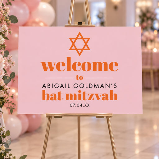 A personalized pink and orange Bat Mitzvah welcome sign featuring a Star of David, perfect for displaying at the entrance on her special day.