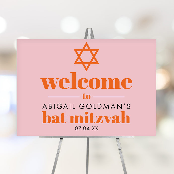 A personalized pink and orange Bat Mitzvah welcome sign featuring a Star of David, perfect for displaying at the entrance on her special day.