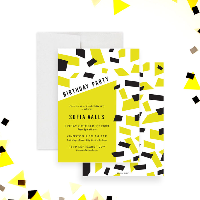 Custom birthday invitation with yellow and black geometric confetti, perfect for milestone birthdays such as 18th, 21st, 30th, 40th, and 50th.-front-back