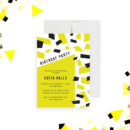 Custom birthday invitation with yellow and black geometric confetti, perfect for milestone birthdays such as 18th, 21st, 30th, 40th, and 50th.-front