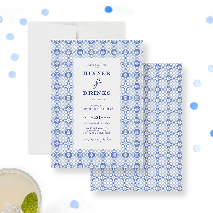 Personalized dinner and drinks invitation featuring a Mediterranean blue tile pattern, customizable for milestone birthdays, anniversaries, and special events.-front-back