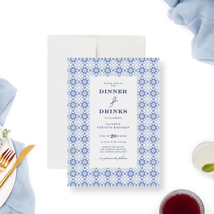 Personalized dinner and drinks invitation featuring a Mediterranean blue tile pattern, customizable for milestone birthdays, anniversaries, and special events.-front