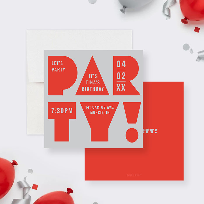 modern birthday party invitation with bold red PARTY lettering, gray background, and personalized birthday event details-front-back
