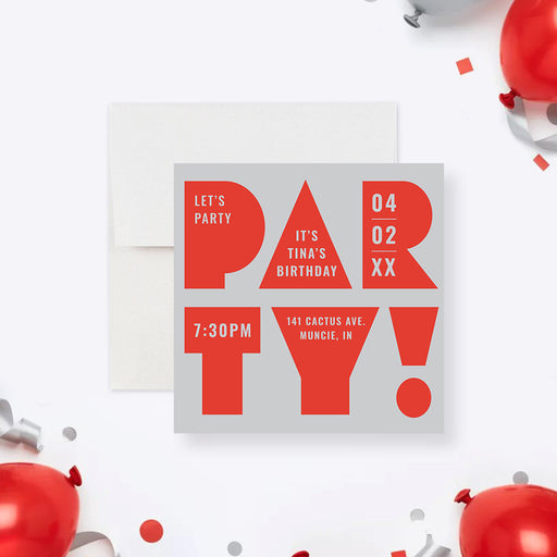 modern birthday party invitation with bold red PARTY lettering, gray background, and personalized birthday event details-front