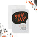 modern birthday party invitation with black speech bubble design, orange lettering, gray background, and personalized party details-front