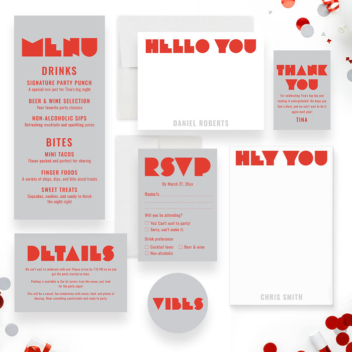 Birthday Party Invitation Modern Red Gray Design