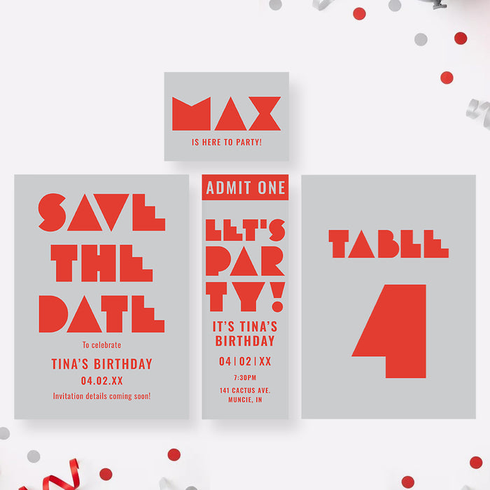 Birthday Party Invitation Modern Red Gray Design