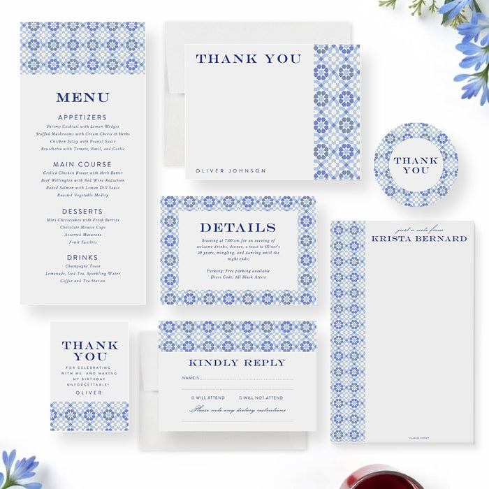 Blue Tile Birthday Party Invitation for Dinner and Drinks