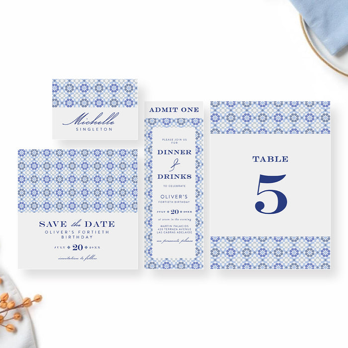 Blue Tile Birthday Party Invitation for Dinner and Drinks