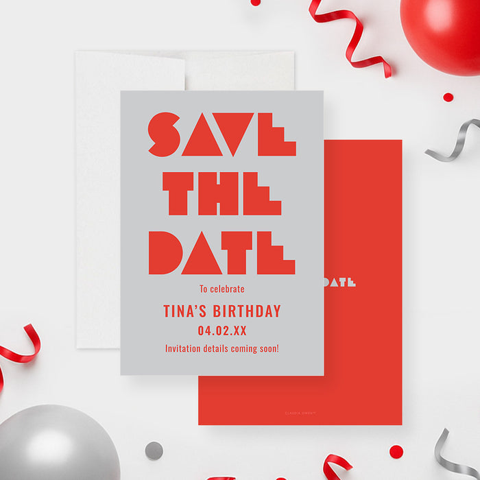 modern birthday party save the date card with bold red lettering, gray background, geometric lettering, and personalized party details-front-back