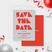 modern birthday party save the date card with bold red lettering, gray background, geometric lettering, and personalized party details-front-back